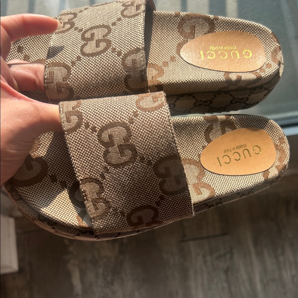 Gucci Tan Monogram Slippers